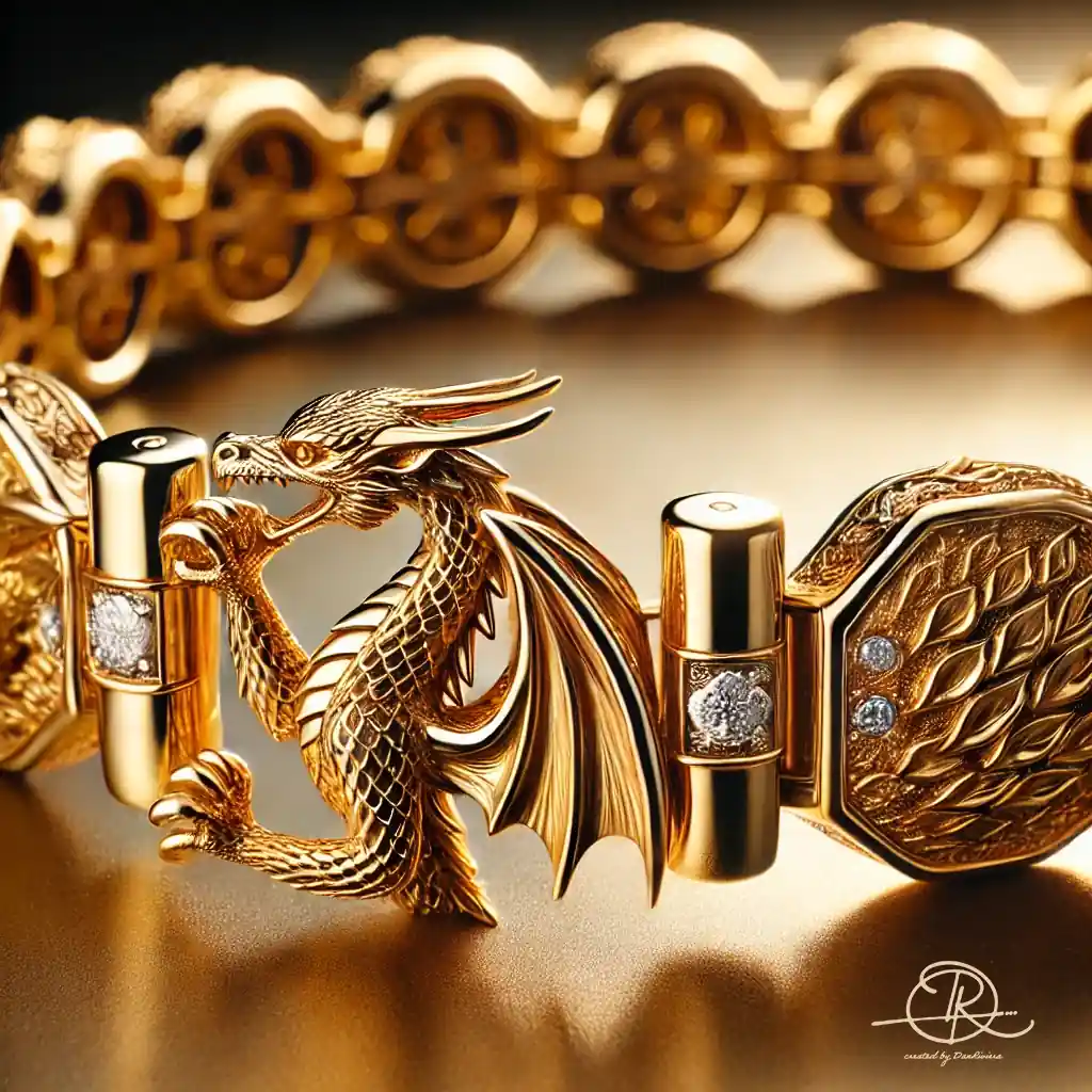 A close up view of a luxurious gold tennis bracelet inspired by the Mother of Dragons from Game of Thrones focusing on the clasp