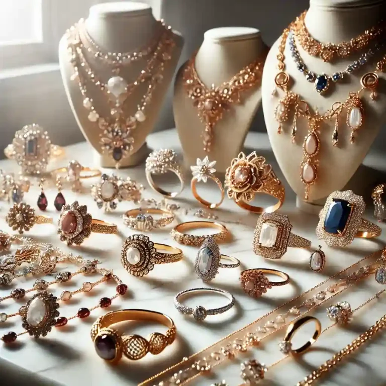 A captivating jewelry display showcasing a variety of unique styles. The image features an elegant arrangement of necklaces, rings, and bracelets.