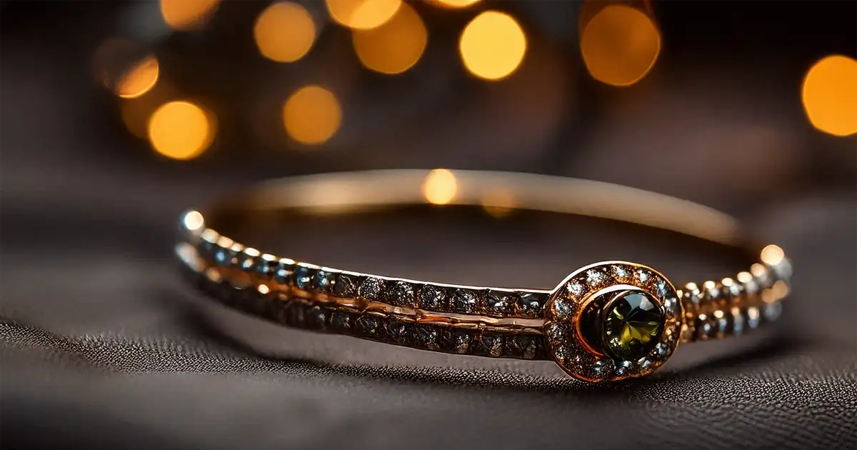 a gold bracelet with a green stone in the middle