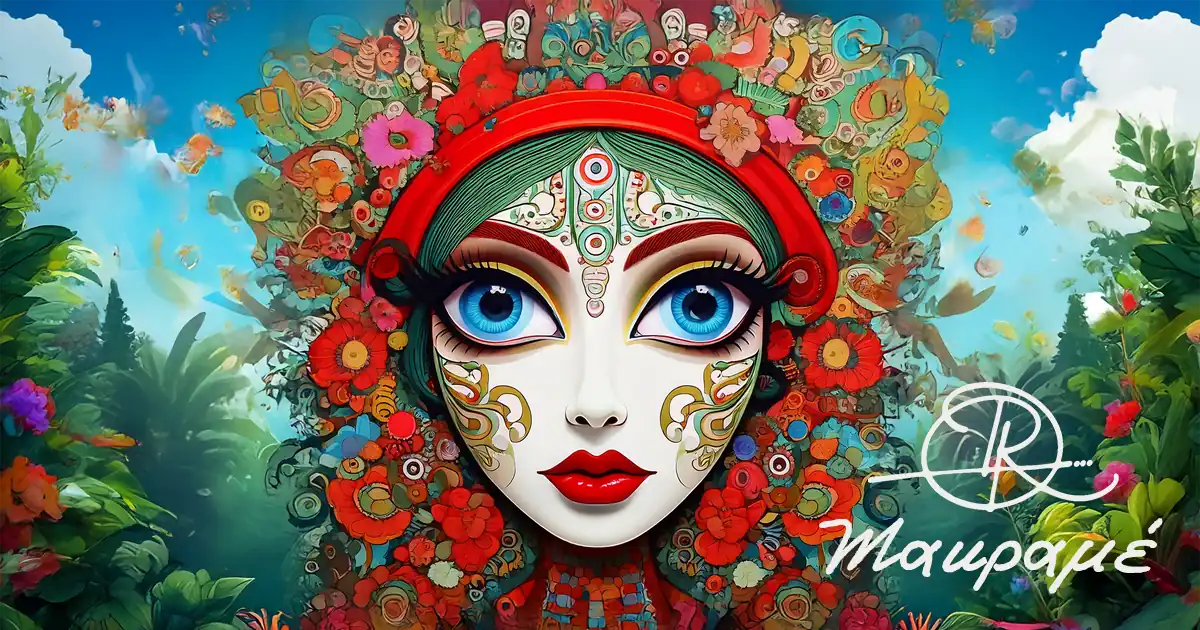 a floral painting of a girl's face with big blue eyes