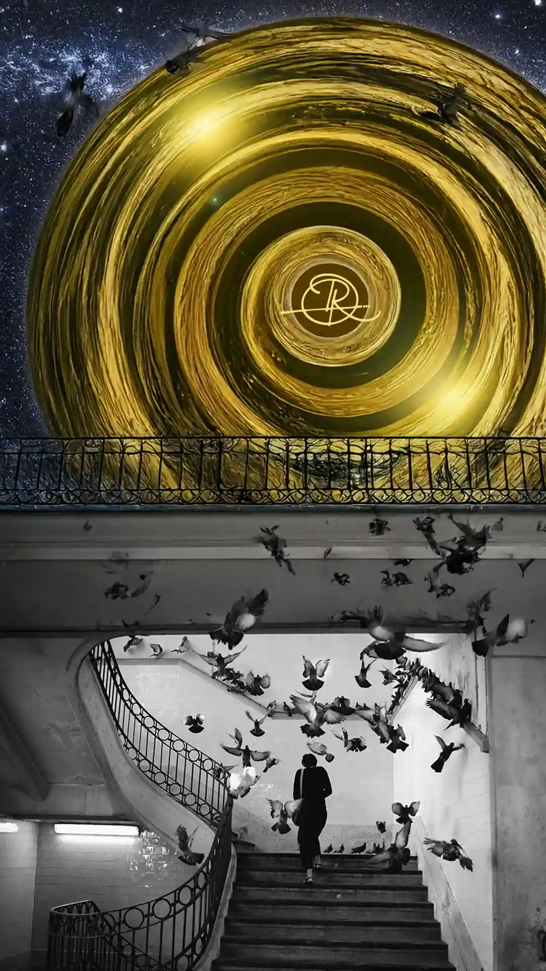 An image of a woman going up a stairway that leads to a golden portal in the starry night